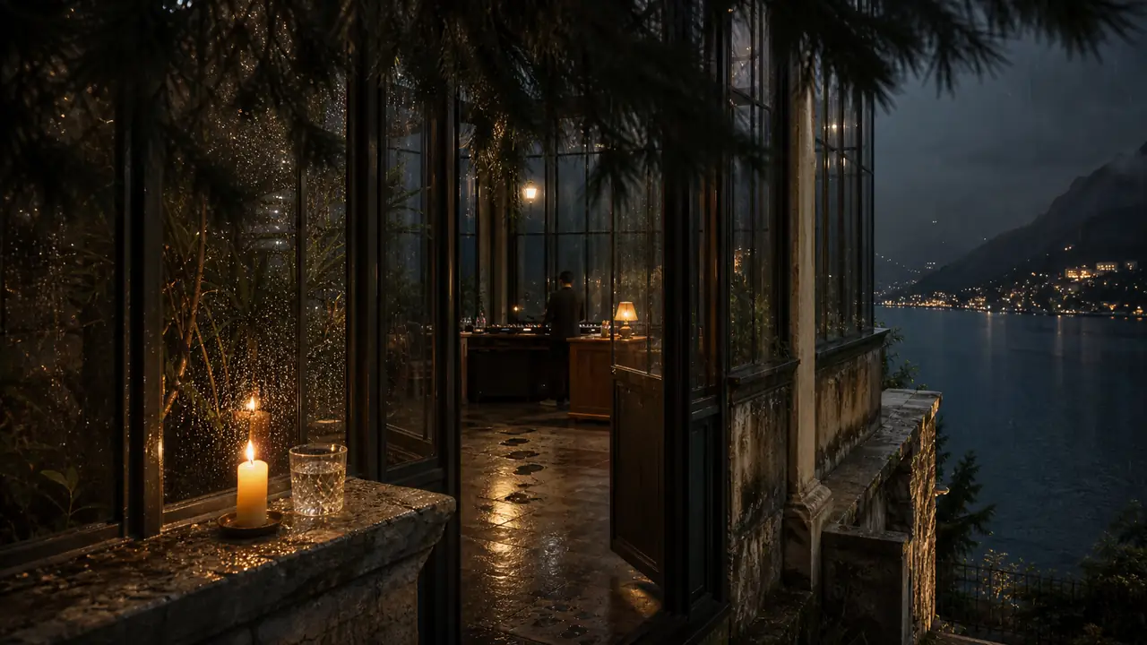 Rain crossing dark glass above cobalt water and warm light.