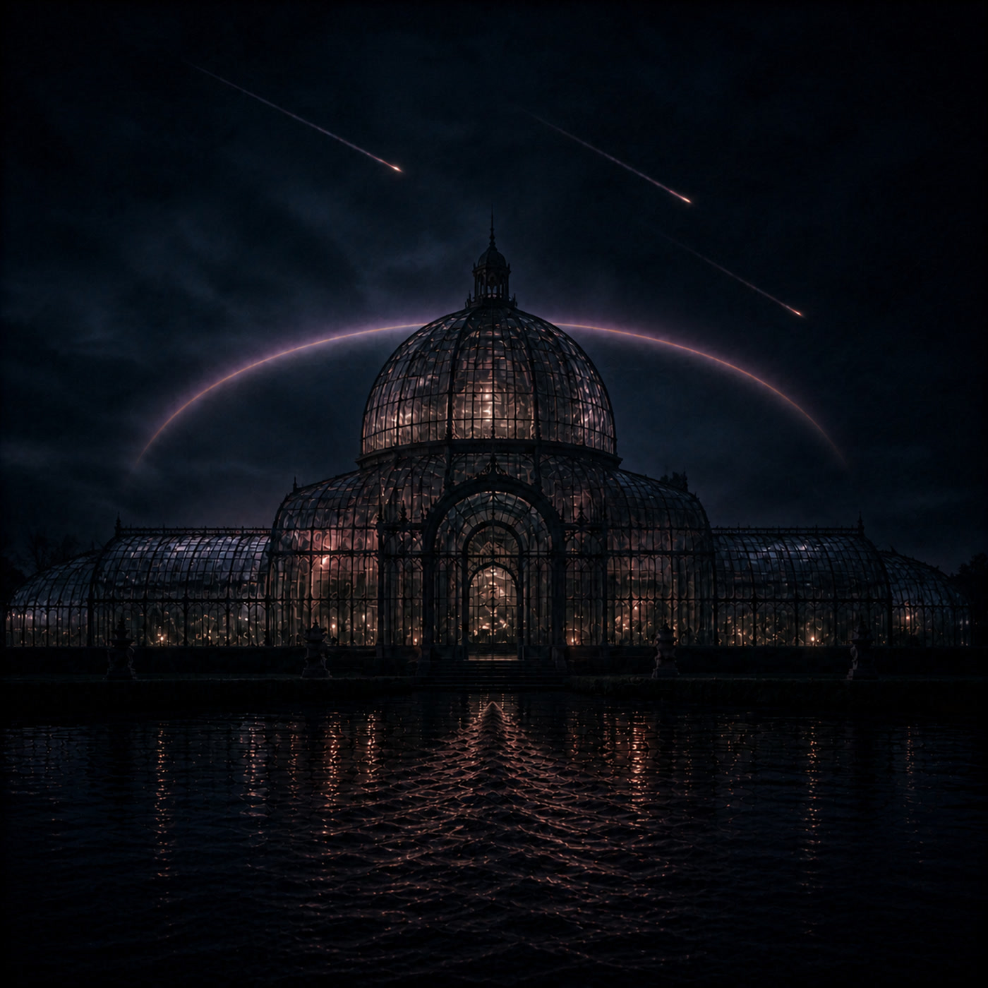 Animal Halo artwork: a softly lit glasshouse beneath meteors and a luminous arc in the night sky.