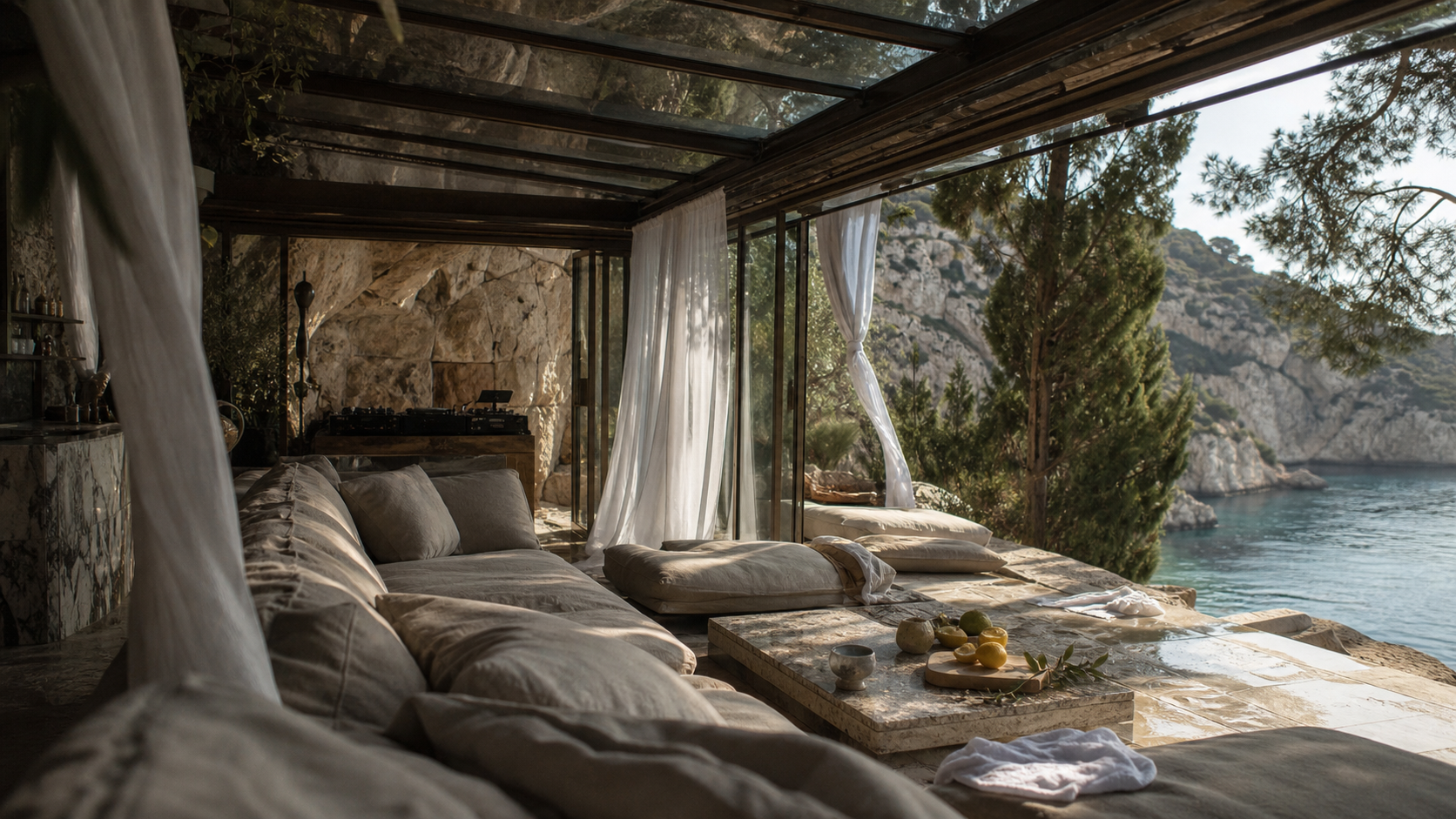 A shaded linen lounge in a cliffside coastal glasshouse above a private cove.