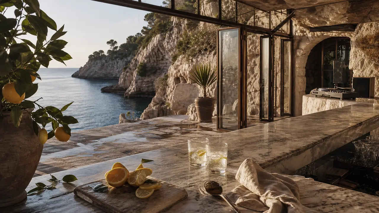 Citrus and glassware on wet marble above a bright private cove.