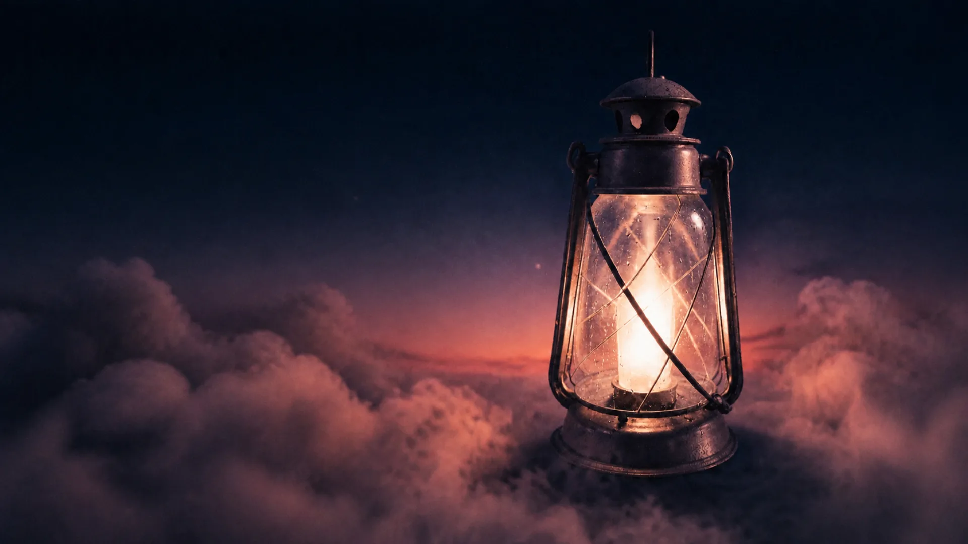 A lantern glowing above rose fog as the sky turns dark blue.