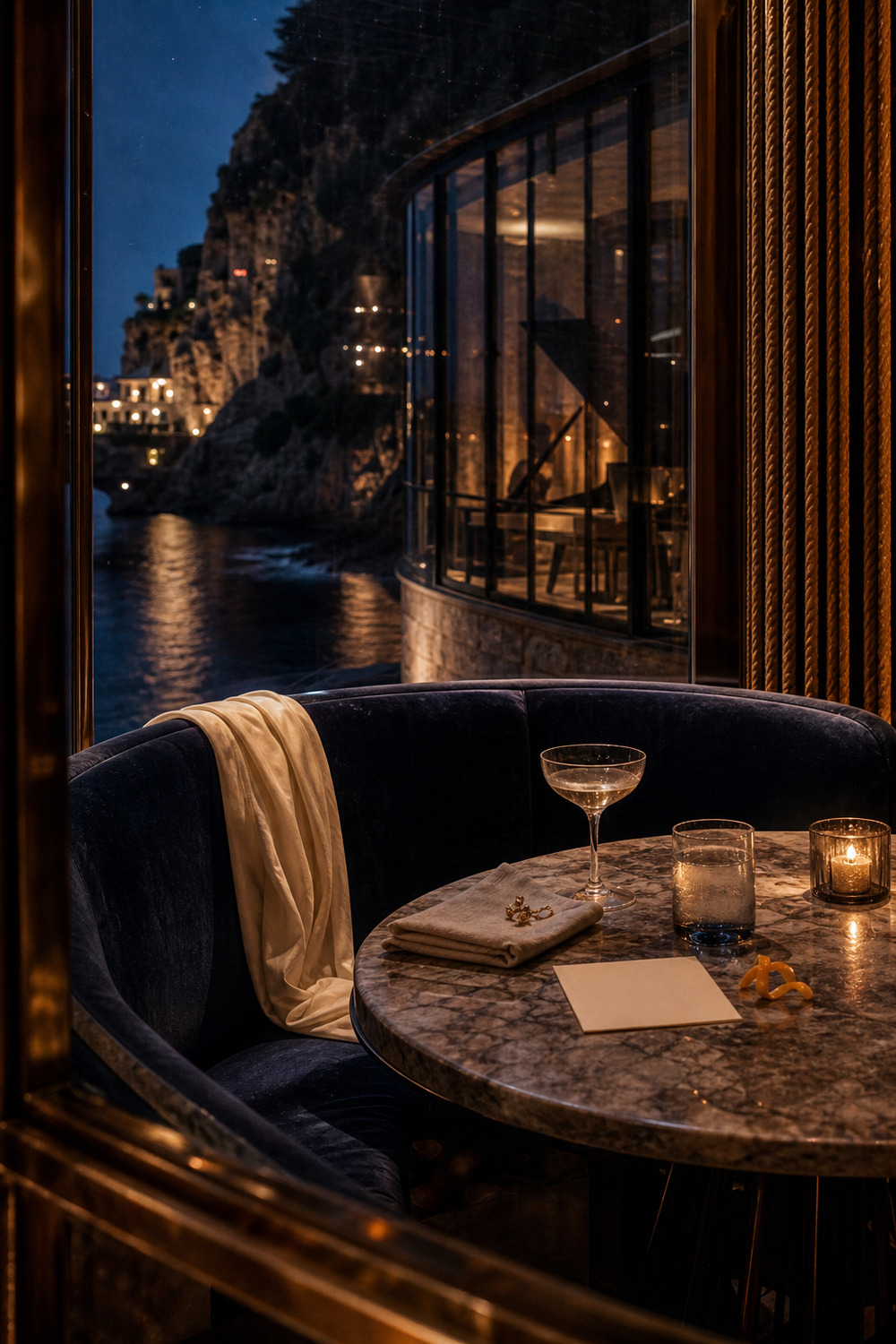 A private table with a scarf, coupe, and blank invitation after a guest has stepped away.