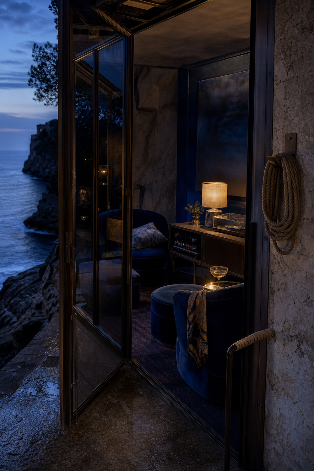 A small cobalt listening room above the sea with a rope detail and amber lamp.