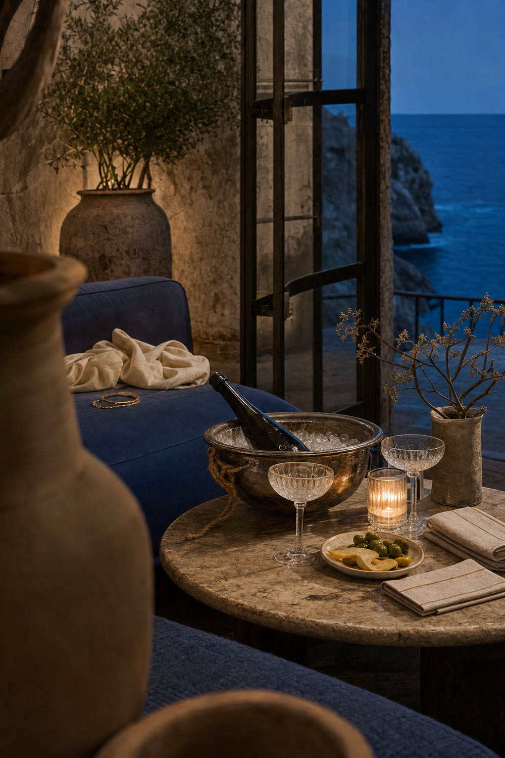 A quiet private table with coupes, citrus, olives, and an unlabeled bottle on ice.