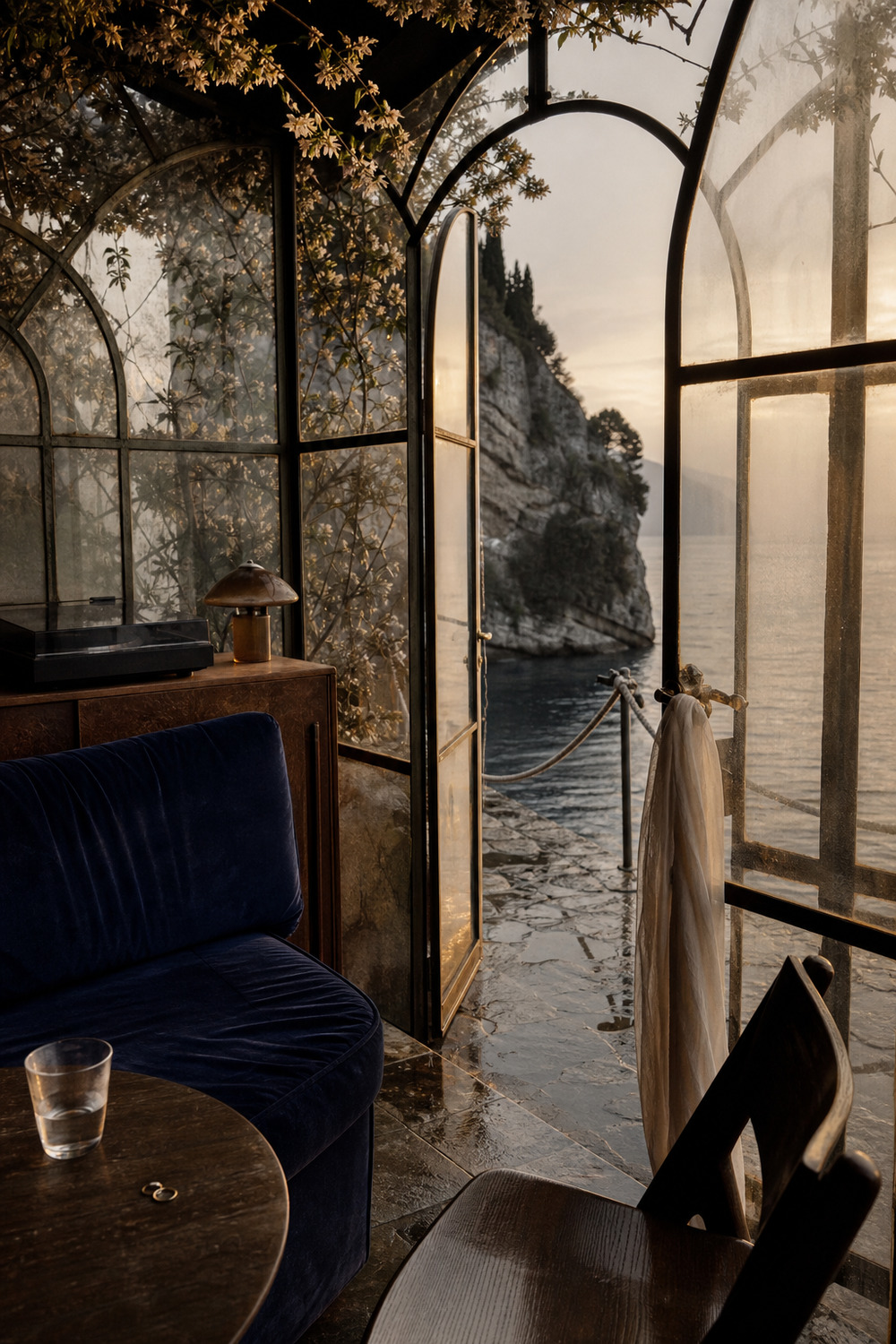 A cobalt glasshouse room opening onto the sea at dawn after the club.