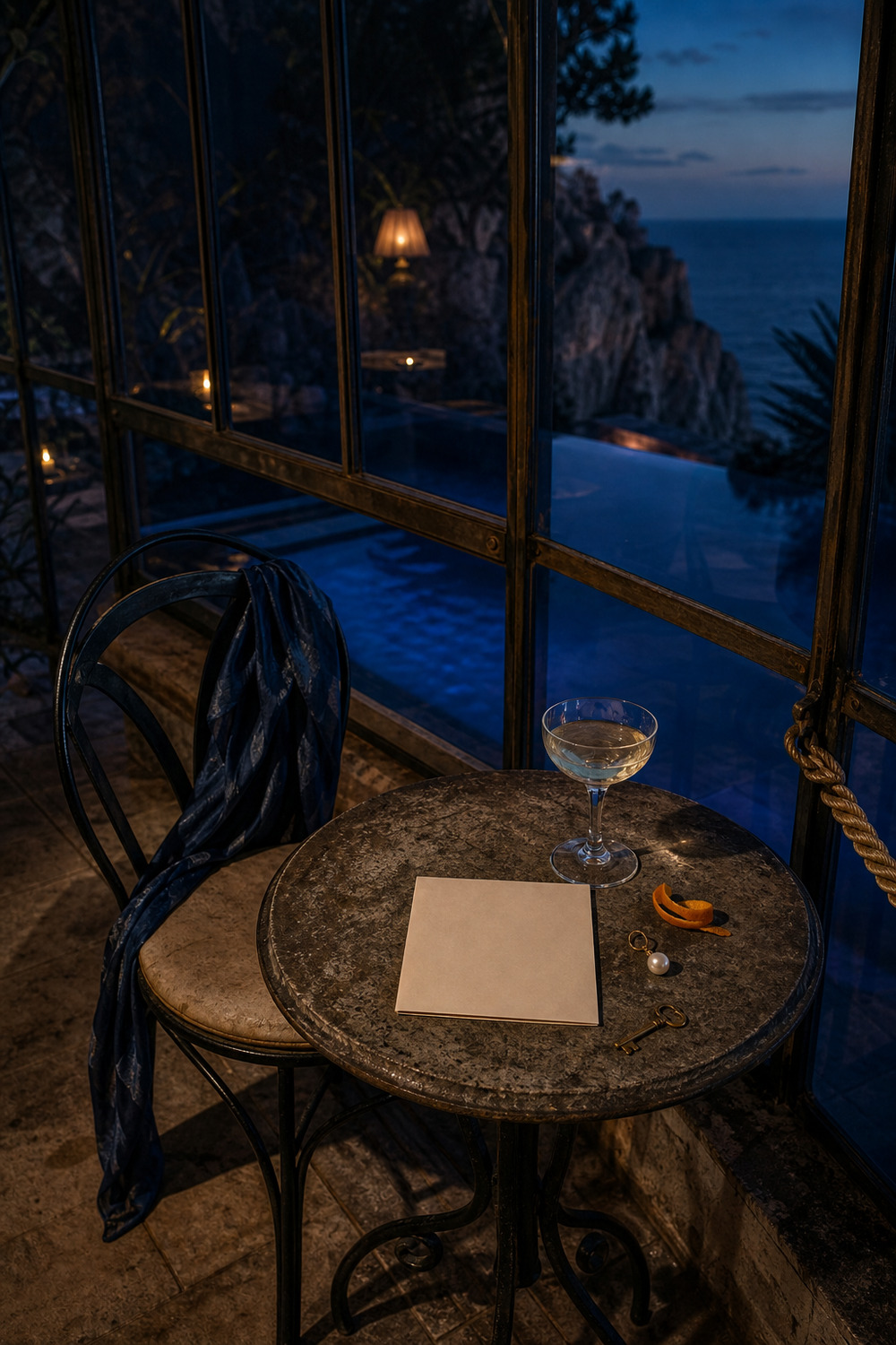 A blank invitation, key, earring, and coupe on a worn stone table.