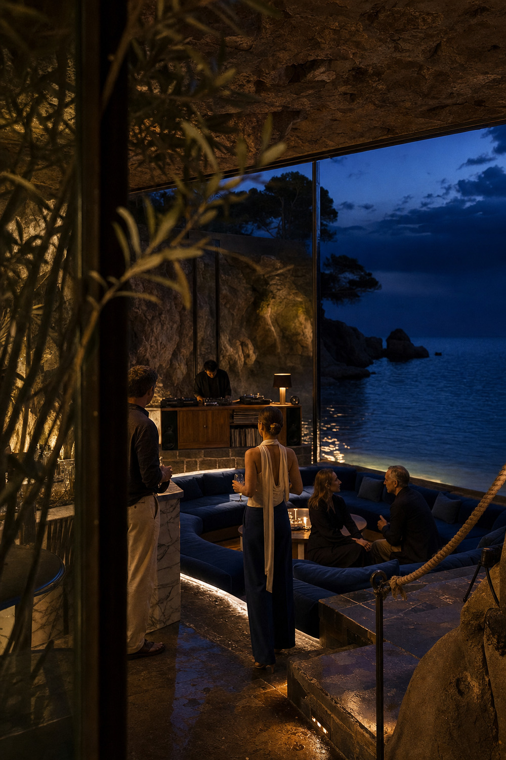 An intimate cobalt listening room set into Mediterranean stone above the water.