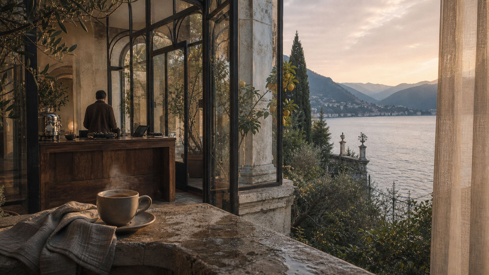 Espresso and pale stone inside a glasshouse above Lake Como.