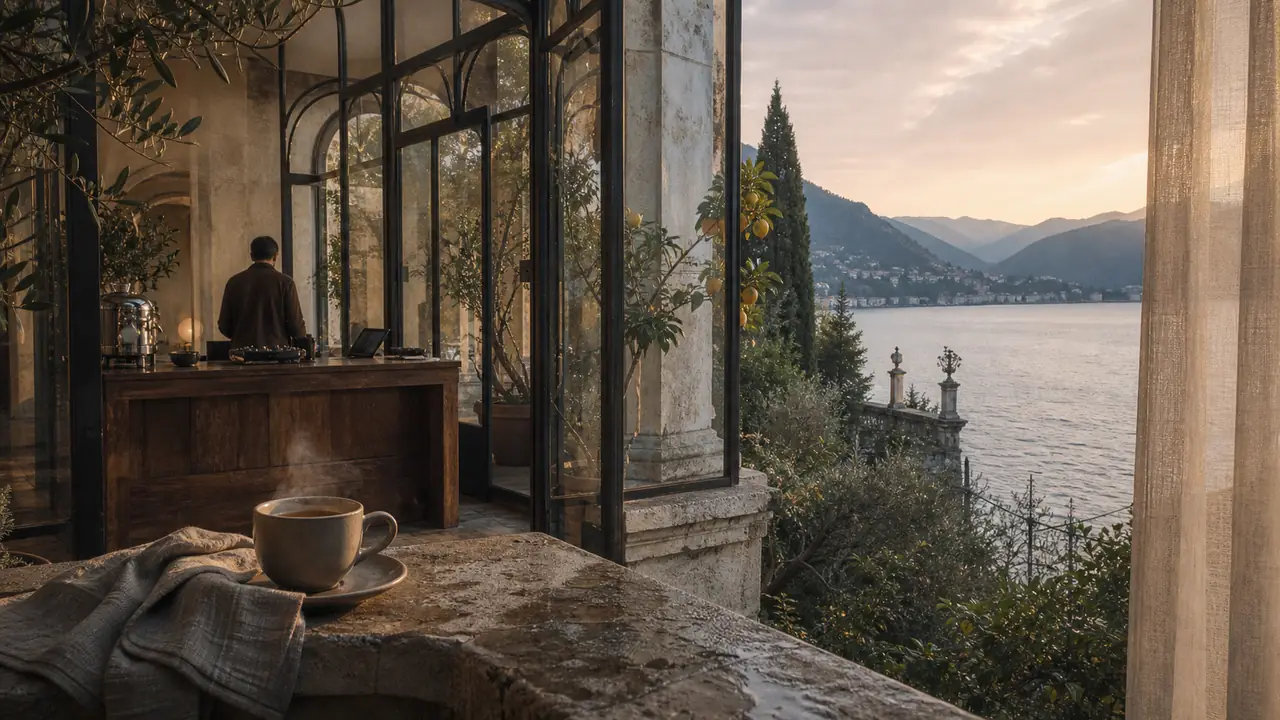 Espresso on pale stone inside a morning glasshouse above Lake Como.