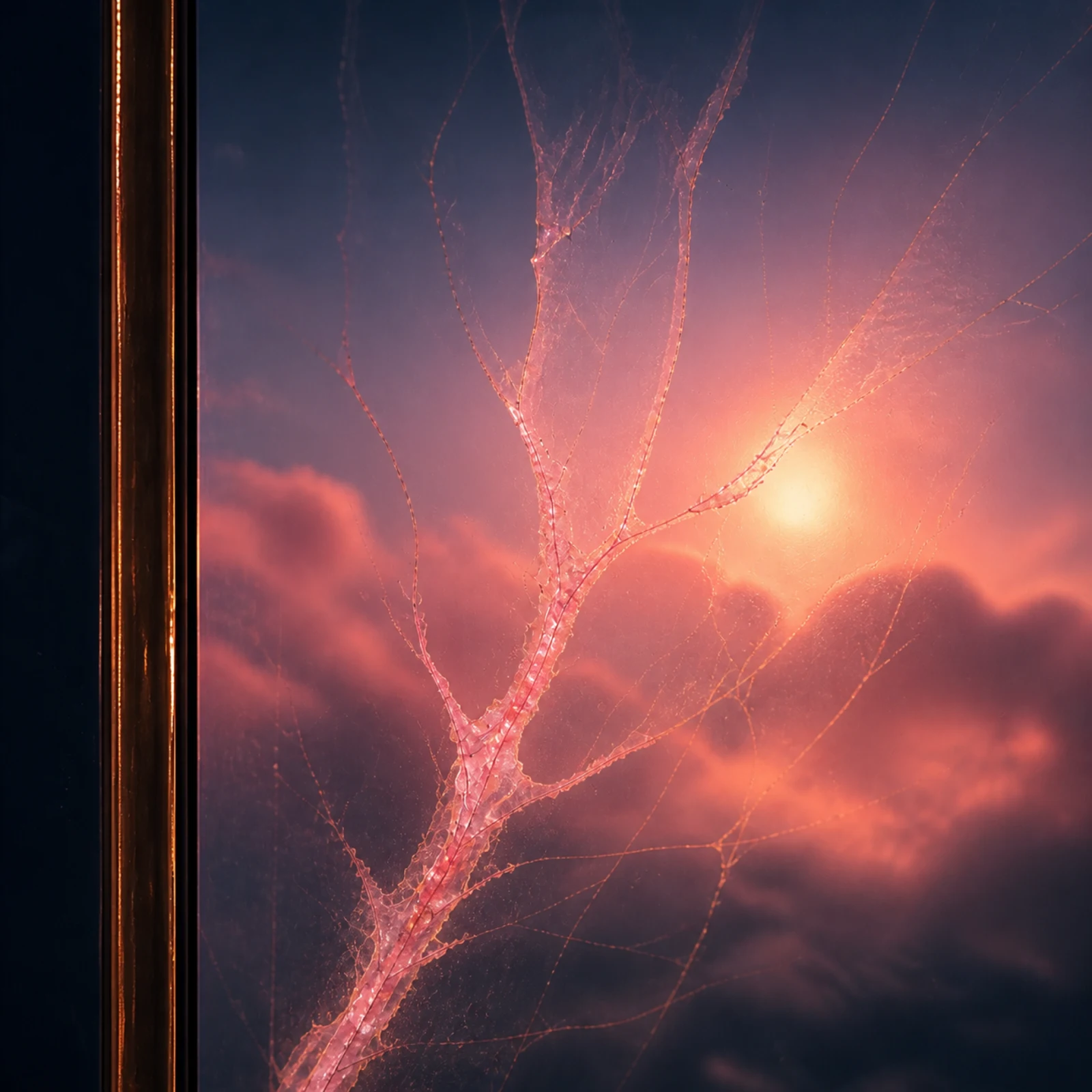 Stay in My Blood cover art with rose-gold light glowing through fractured glass against a deep blue sky.